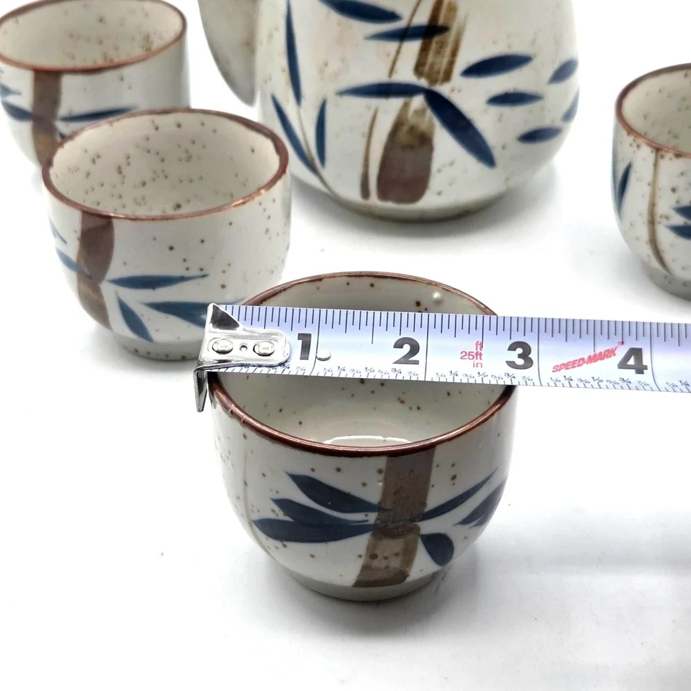 Enesco Japan Ceramic Teapot with 4 Cups Bamboo Design and Bamboo Handle  Vintage
